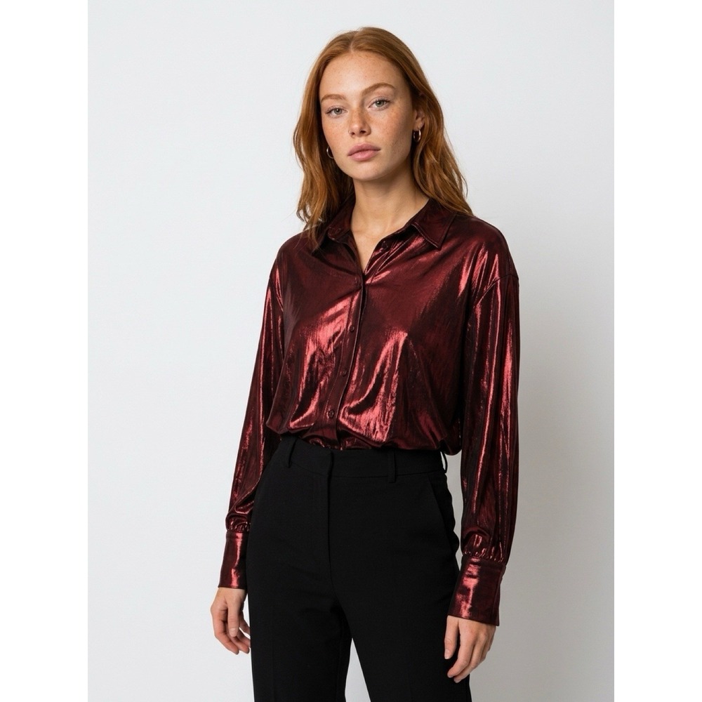 Anthropologie  Shirt Metallic Burgundy Button Down Long Sleeve Size Xs(10-b62)